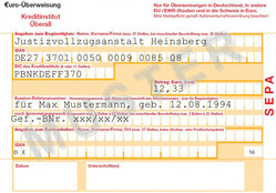 Muster des Überweisungsträgers mit IBAN und BIC